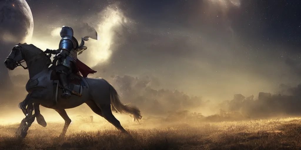 Prompt: A knight while riding in a horse through the galaxy, hyperrealistic, 8K, octane render, highly detailed, volumetric lighting