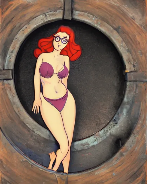 Image similar to attractive young woman peering into manhole cover open swirling into another dimension, surreal, ralph bakshi