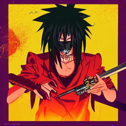 Prompt: Album Art for Playboi Carti Black Madara in Naruto Universe, Ninja Scrolls, Vector art, Geometric 3d shapes, Gang, Pistol, Blood, red smoke, by Sachin Teng, Trending on artstation