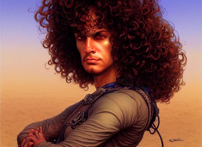 Prompt: a curly - haired persian cyborg in a sunny deserted los angeles, digital painting, artstation, concept art, sharp focus, illustration, art by artgerm, bob eggleton, michael whelan, stephen hickman, richard corben, wayne barlowe, greg rutkowski, alphonse mucha, 8 k