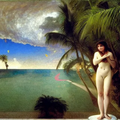 Image similar to Girl throwing gand signs at the palace, thunderstorm, pool, beach and palm trees on the background major arcana sky, by paul delaroche, alphonse mucha and arnold böcklin arnold böcklin hyperrealistic 8k, very detailed