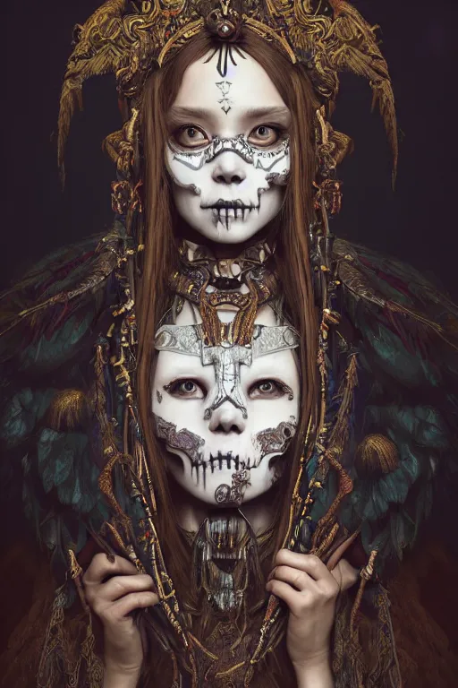 Image similar to A masterpiece ultrarealistic portrait of a Irristible angel princess tribal-shaman-knight-witch-ghost with Skull Iron mask. baroque renaissance girl in the night forest. medium shot, intricate, elegant, highly detailed. trending on artstation, digital art, by Stanley Artgerm Lau, WLOP, Rossdraws, James Jean, Andrei Riabovitchev, Marc Simonetti, Yoshitaka Amano. background by James Jean and Gustav Klimt, light by Julie Bell, 4k, porcelain skin.