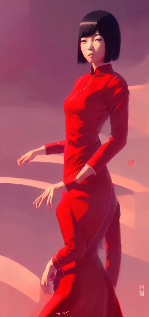 Image similar to a ultradetailed beautiful panting of a asian female wearing red ao dai and futuristic eye google, by ilya kuvshinov, greg rutkowski and makoto shinkai, trending on artstation