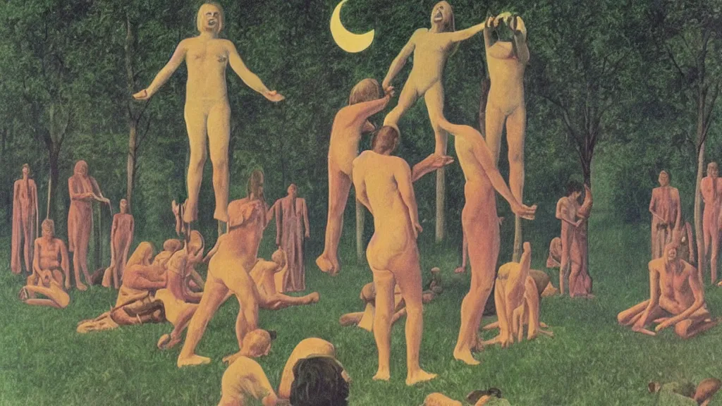 Image similar to A vintage scientific illustration from the 1970s of a Swedish cult performing a human sacrifice to the gods during the midsummer festival in Sweden in the summer on the meadows by René Magritte