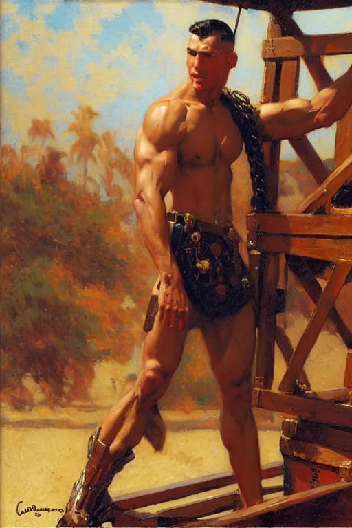 Image similar to muscular marine man inspecting a wooden crate painting by gaston bussiere, craig mullins, j. c. leyendecker, tom of finland