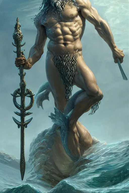 Image similar to poseidon humanoid god of the sea, trident, highly detailed, d & d, fantasy, highly detailed, digital painting, trending on artstation, concept art, sharp focus, illustration, art by artgerm and greg rutkowski and magali villeneuve