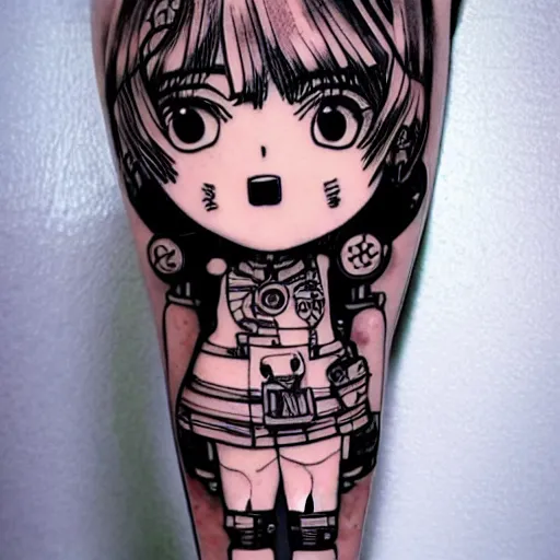 Image similar to Anime manga robot!! Anime girl tattoo, cyborg girl, exposed wires and gears, fully robotic!! girl, manga!! in the style of Junji Ito and Naoko Takeuchi, cute!! chibi!!! Schoolgirl, tattoo on upper arm, arm tattoo