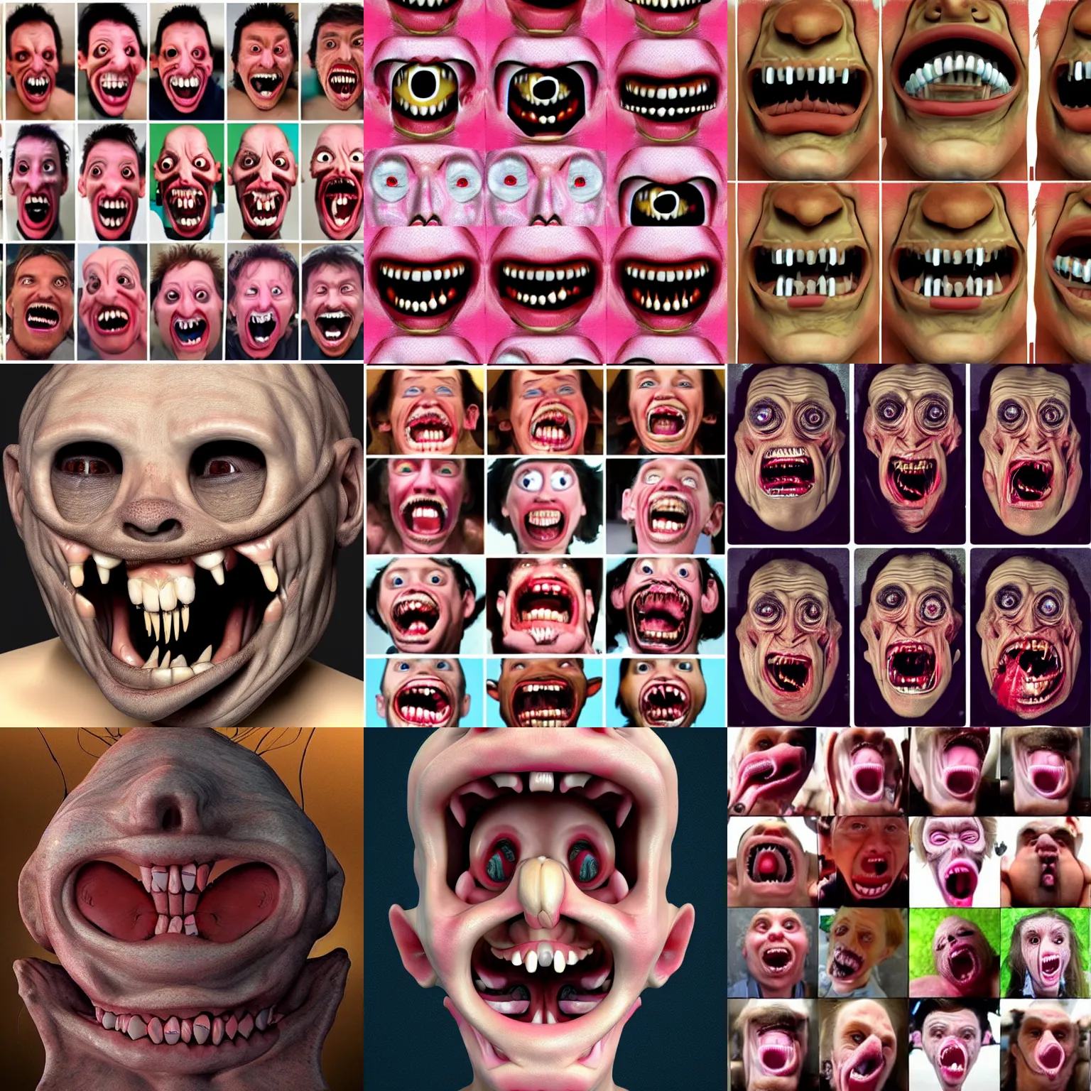 Prompt: silly ugly faces, horrific, stretched, exaggerated, flesh horror, hd, teeth, eyes, nose,