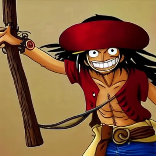 Image similar to Monkey D Luffy with Captain Jack Sparrow's outfit