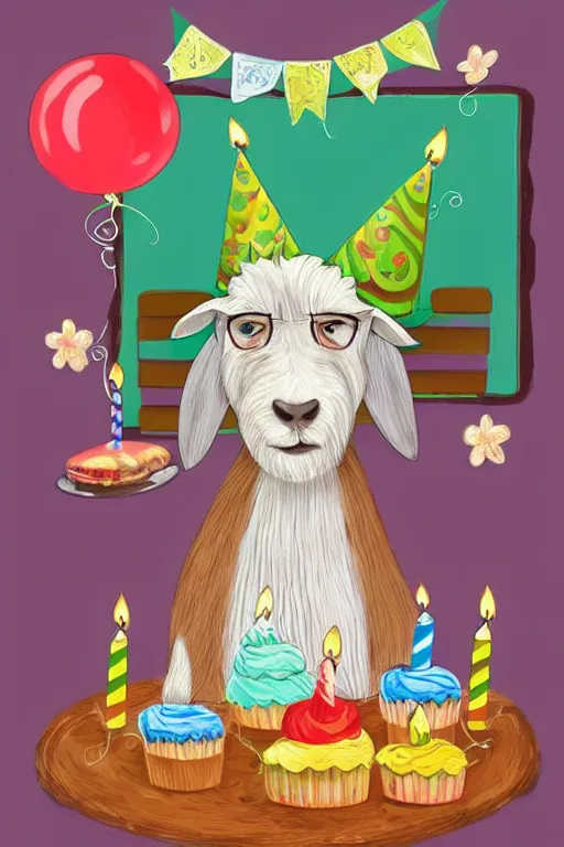 Image similar to an elderly goat with a long white beard, sitting in front of a birthday cake, in the style of a children's book illustration, cute, highly detailed digital art