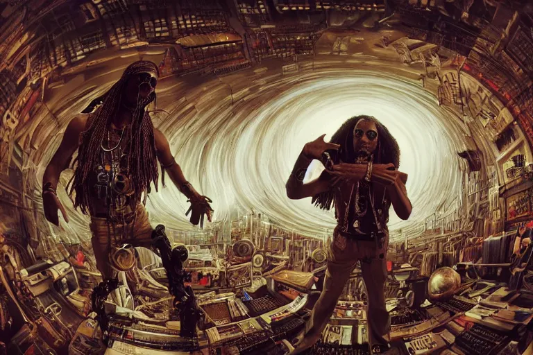 Image similar to a fisheye lens photo of a post apocalyptic tribal cyborg snoop dogg tweaking and playing synthesizers in the most complicated and technical spiral fractal musical studio, powerful, cinematic, beautifully lit, by donato giancola, by artgerm, by karol bak, 3 d, perfect face and body, trending on artstation, octane render, 8 k