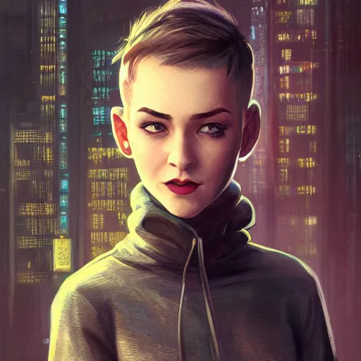 Image similar to character portrait of a 1950s girl in a hoodie, pixie cut, shaved side of head, dystopian cyberpunk steampunk soviet mood, intricate, wild, highly detailed, digital painting, artstation, upper body, concept art, smooth, sharp focus, illustration, art by artgerm and greg rutkowski and alphonse mucha