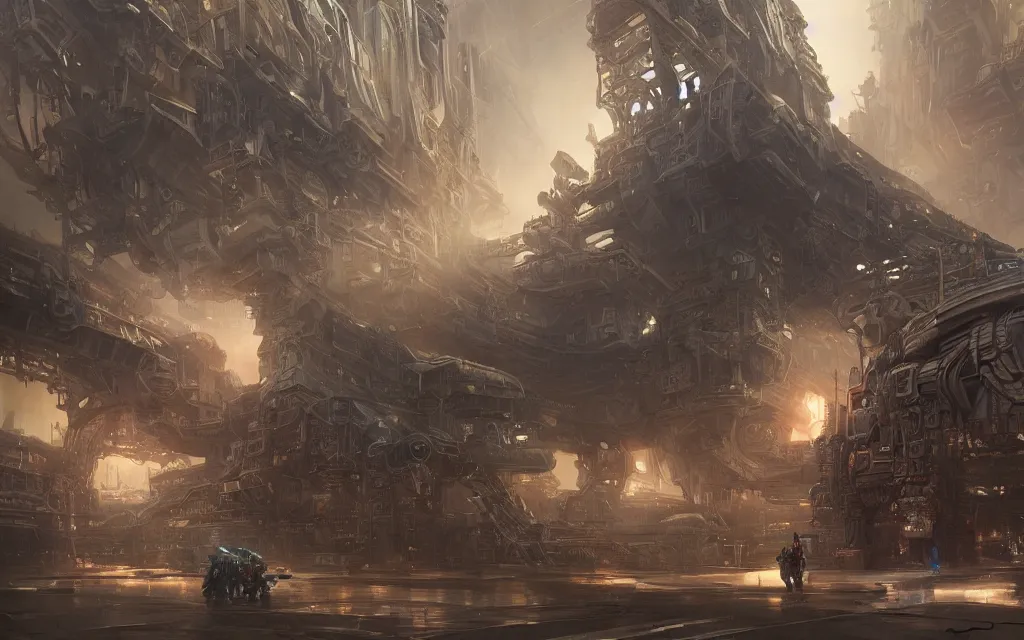 Image similar to gigantic mechanic megastructure, warhammer, cyberpunk, intricate, elegant, highly detailed, digital painting, artstation, concept art, smooth, sharp focus, octane render, dramatic lighting, volumetric lighting, cinematic lighting, art by artgerm and greg rutkowski and alphonse mucha and zdislav beksinski and wayne barlowe