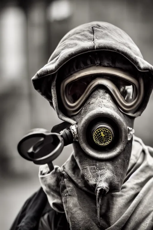 Image similar to an award winning portrait photo of a homeless person wearing a gas mask and hard helmet, 4 k, high quality, sharp focus