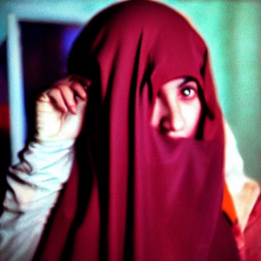 Image similar to 7 0 s movie of an arab young girl in a burqa at a strip club, cinestill 8 0 0 t 3 5 mm technicolor, heavy grain, high quality, high detail