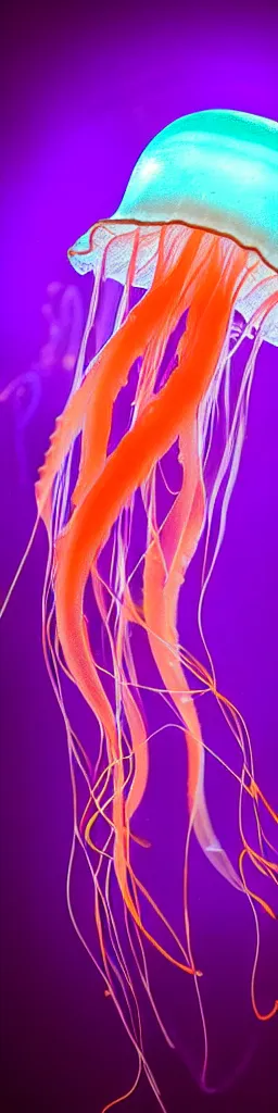 Prompt: a deep sea semi - translucent bioluminescent jellyfish colored purple and orange, hyperrealistic, extremely detailed, underwater photography