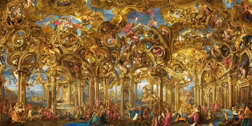 Image similar to beautiful ornate heavenly marble and gold rococo megastructure in the style of heironymus bosch, colorful light intricate masterpiece, hyper detailed, hd