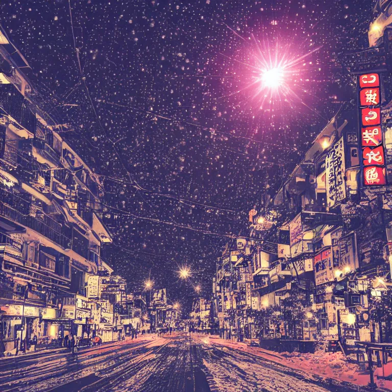Image similar to illustration of osaka with many lights and lens flares, snowy winter christmas night