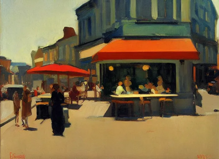 Image similar to artwork by malcolm liepke and edward hopper, an extrior view of a cafe in the afternoon