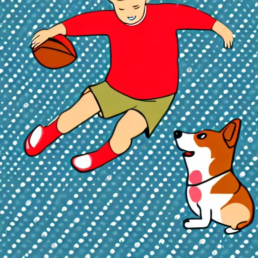 Image similar to illustration of boy playing football with a corgi wearing a polkadot scarf on the streets of paris