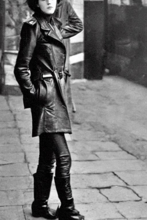 Prompt: photograph of soviet chekist comrade emma watson, standing in a long leather coat, vintage revolution photograph, famous photo from kgb archives