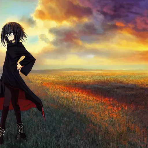 Image similar to 1 7 - year - old anime goth girl, black hair, long bob cut, long bangs, gothic coat, golden hour, partly cloudy sky, red clouds, orange sky, old town, strong lighting, strong shadows, vivid hues, ultra - realistic, sharp details, subsurface scattering, intricate details, hd anime, 2 0 1 9 anime