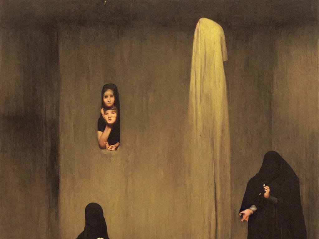 Prompt: strip club, portrait of arab young girl in a burqa by michael sowa