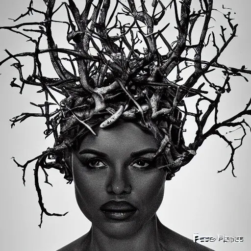 Prompt: a woman with a crown of twisted branches, by Pascal Blanché