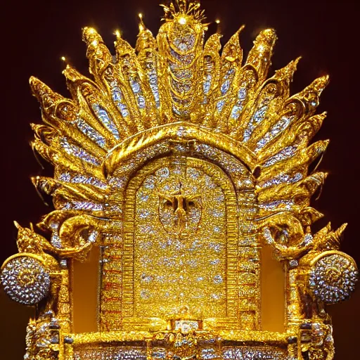 Image similar to shining majestic throne made of millions of diamonds, gold and zaphires with thousands of light reflections