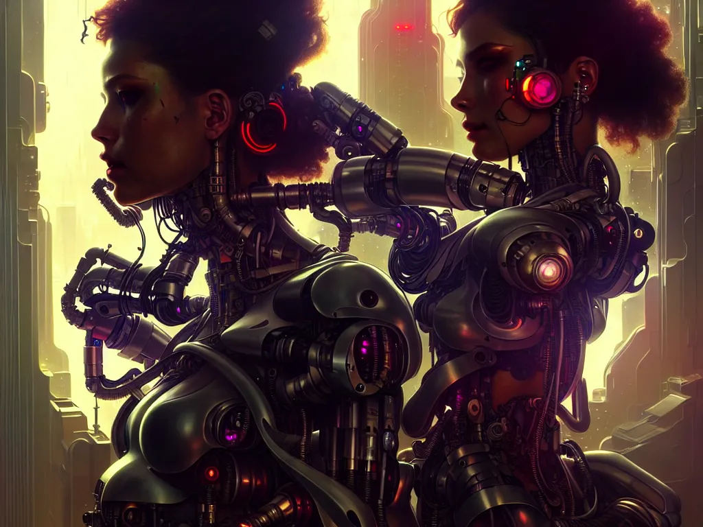 Image similar to ultra realistic, beautiful female cyborg in a crowded smoky cyberpunk club in space megalopolis, sci-fi, intricate details, eerie, highly detailed, octane render, 8k, art by artgerm and alphonse mucha and greg rutkowski