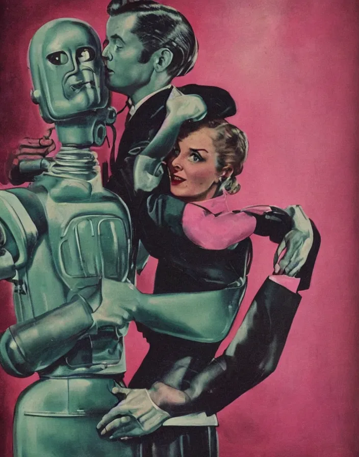 Prompt: a female housewife being hugged by a robot!!! husband!!! in a suit, 1 9 5 0 s horror film movie poster style, ( norman rockwell oil painting ), close - up shot, retro science fiction, vintage, saturated pink and green lighting, shadowy lighting