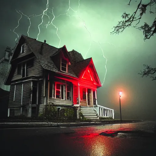 Prompt: a spooky monster house with glowing red eyes on a dimly lit street during a thunderstorm, cinematic, award winning horror photography