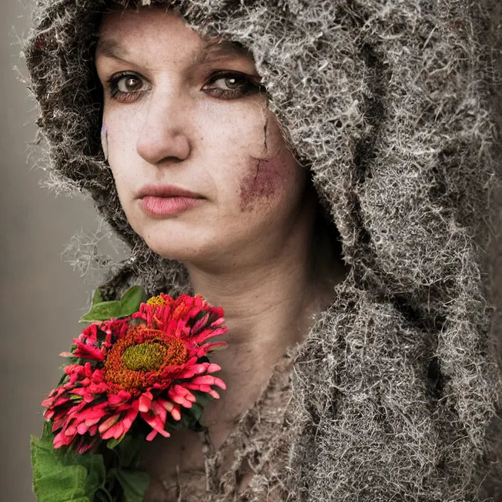 Image similar to a closeup portrait of a woman wearing a hooded cloak made of zinnias and barbed wire, in a derelict house, by Manny Librodo, natural light, detailed face, CANON Eos C300, ƒ1.8, 35mm, 8K, medium-format print