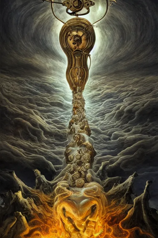 Image similar to Intricate stunning highly detailed Salvador Dali depicted as HammerFall’s lead vocalist, digital painting by agostino arrivabene and Vladimir Kush, surreal, ultra realistic, Horror vacui, dramatic lighting, full moon, thick black swirling smoke tornado, burning fire embers, artstation