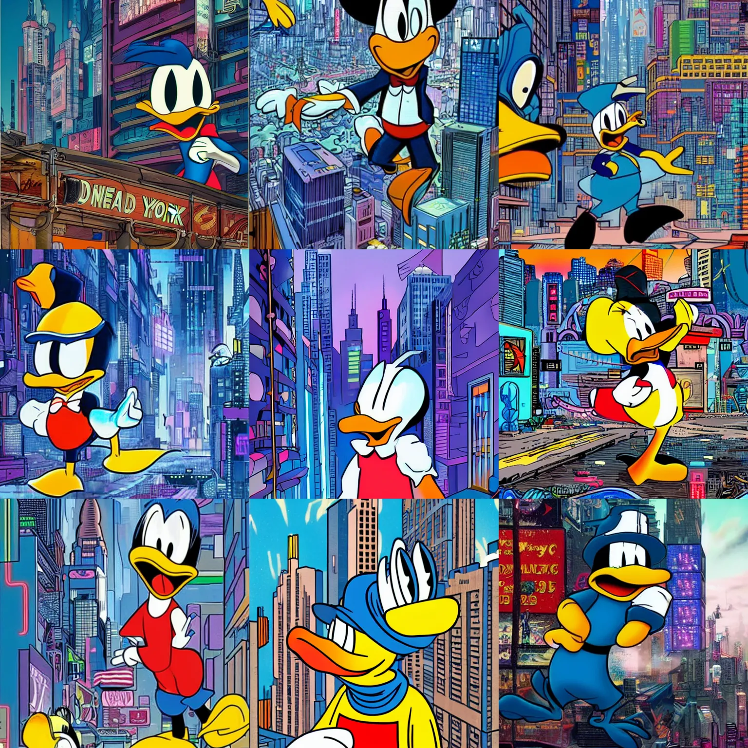 Prompt: Donald Duck in a cyberpunk New York City
