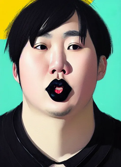 Image similar to portrait of a plump korean man with a crooked nose and a confident expression, 1 9 6 0 s, black clothes, goth, punk, brightly coloured hair, funk, intricate, elegant, highly detailed, digital painting, artstation, concept art, smooth, sharp focus, illustration, art by wlop, mars ravelo and greg rutkowski