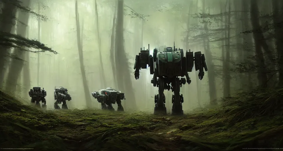 Prompt: hyper realistic sci - fi matte concept art painting of giant battlemech walking through a forest, beautiful details, strong composition painted by kim jung guweta studio rutkowski, james gurney and greg rutkowski, and lucasfilm, smooth, intricate, detailed, sharp focus, cinematic