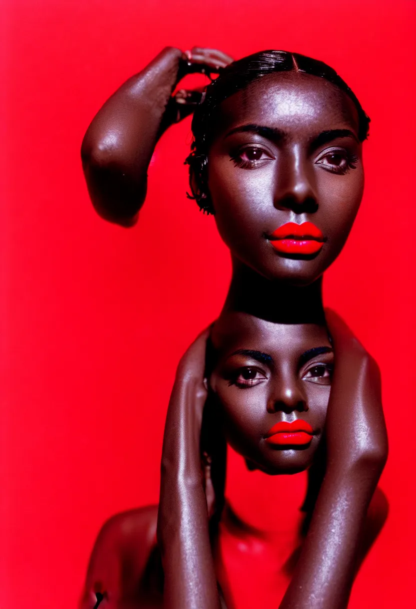 Prompt: medium shot, photograph of alluring dark skin young woman looking into camera, red lipstick, hundreds of cables and wires coming from her body, sharp focus,, as fashion editorial 9 0 s, symmetrical face, symmetry, kodak ektachrome
