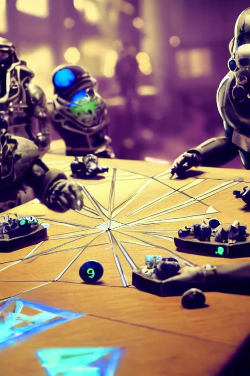 Image similar to closeup, of one futuristic sci-fi Twenty sided dice, in the background are players at a table that are in high tech still suites, with masks, bokeh, sharp focus, intricate concept art, highly detailed, 8k, cinematic, sharp focus