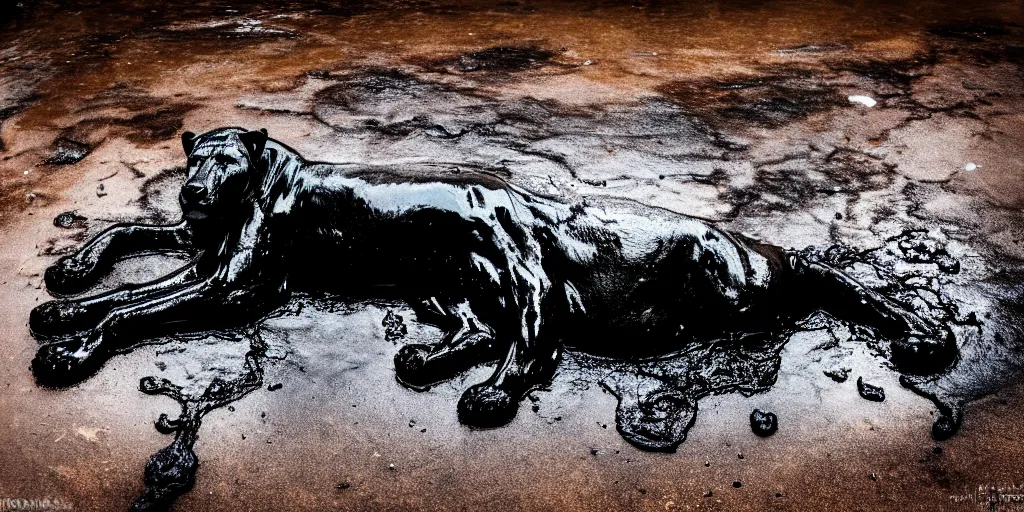 Image similar to the black lioness made of tar, laying on their back, dripping tar, drooling goo, covered in slime, sticky black goo, bathing in the pit filled with tar, dripping goo, sticky black goo. photography, dslr, reflections, black goo, rim lighting, cinematic light, tar pit, chromatic, saturated, slime