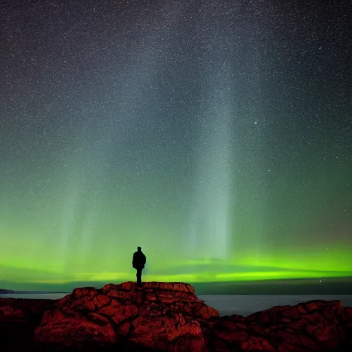 Image similar to 4K Epic Ultra HD detailed award-winning wallpaper silhouette of lonely man standing on rock looking at huge vast sky universe Milky Way aurora