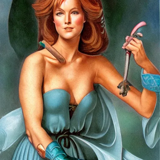 Image similar to marvellous enchanting beautiful anni - frid lyngstad in the style of jeff easley and michelangelo