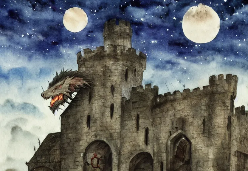 Image similar to possum dragon at a medieval castle under a dark starred sky, dark fantasy, watercolor, dreaming illusion, highly detailed, 4k, trending on Artstation, award-winning