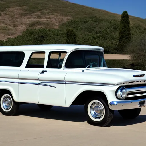 Prompt: 1960 White Ford Pickup body, 2015 Chevy Tahoe hybrid SUV, Retro Aesthetic with Modern Features, Advanced Automobile, Premium SUV hatchback that is also an old Truck, Limousine, Photo