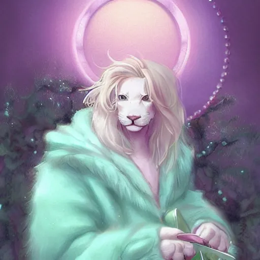 Image similar to aesthetic portrait commission of a albino male furry anthro lion under a lavender bubble filled while wearing a cute mint colored cozy soft pastel winter outfit with pearls on it, winter Atmosphere. Character design by charlie bowater, ross tran, artgerm, and makoto shinkai, detailed, inked, western comic book art, 2021 award winning painting