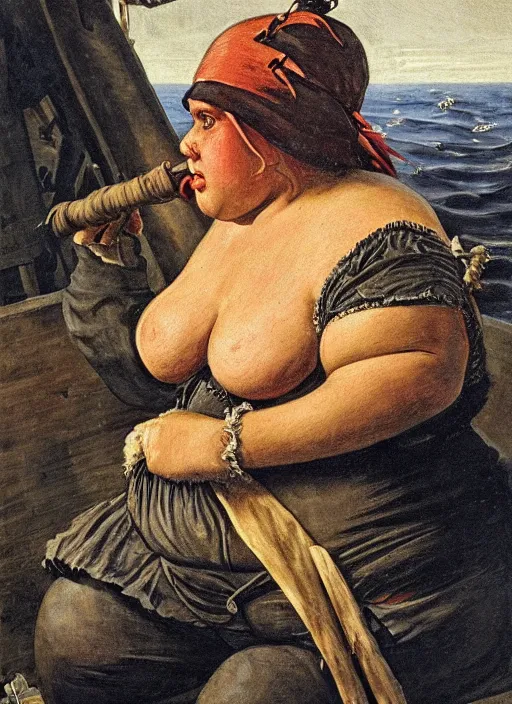 Prompt: close - up portrait of a morbidly obese female pirate with two peglegs and two hook hands, detailed dynamic light painting by albrecht anker