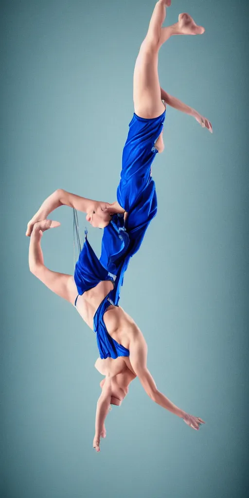 Image similar to painting of a short hair blond girl doing Aerial dance, blue cloth, cosmic, 8k, volumetric light