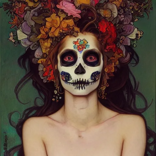 Image similar to realistic detailed painting of a cute punk Día de los Muertos girl by Alphonse Mucha Egon Schiele Ayami Kojima Amano Charlie Bowater, masterpiece