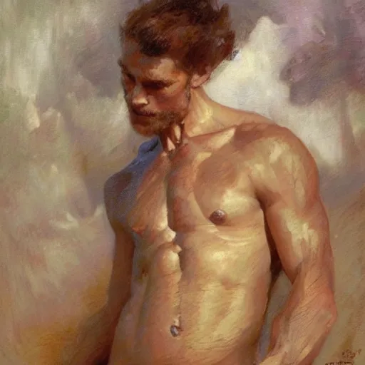 Image similar to a man with an shredded, toned, inverted triangle body type, painting by Gaston Bussiere, Craig Mullins
