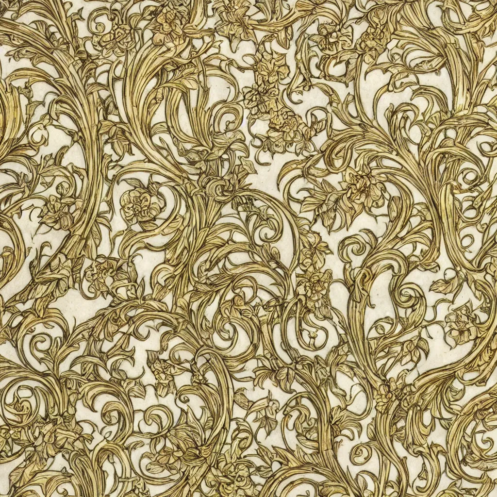 Prompt: a perfectly repeating Art Nouveau pattern, highly detailed by Walter Crane, rococo flowers, gold leaf detailing